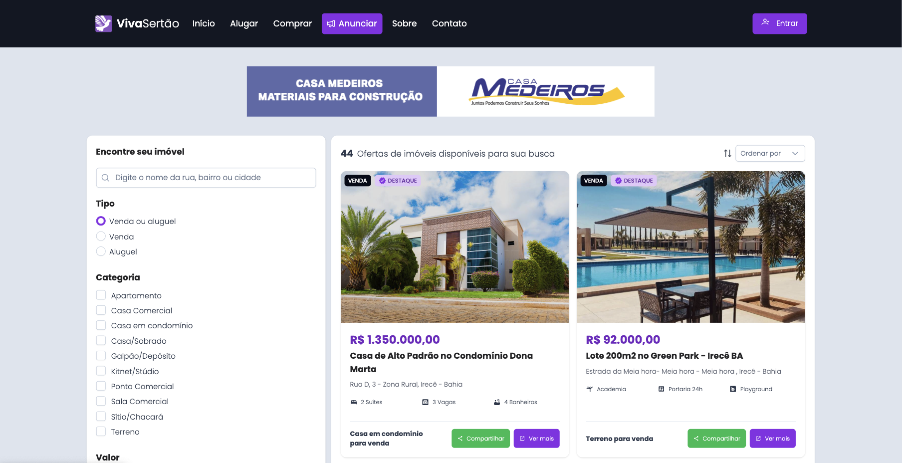 Lista de imóveis disponíveis na plataforma